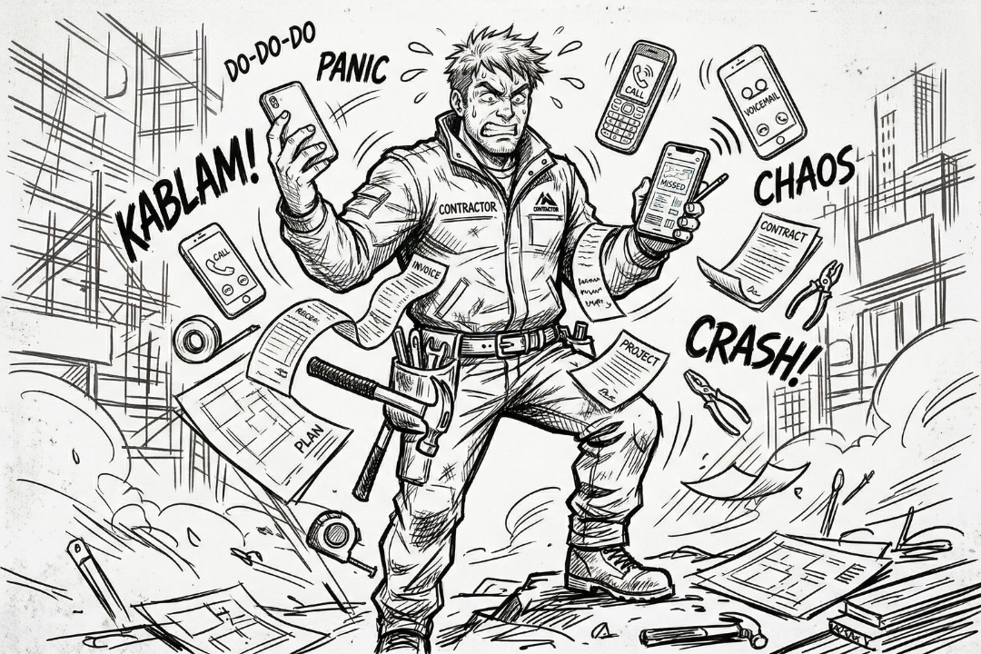 Overwhelmed contractor juggling phones, papers, and tools
