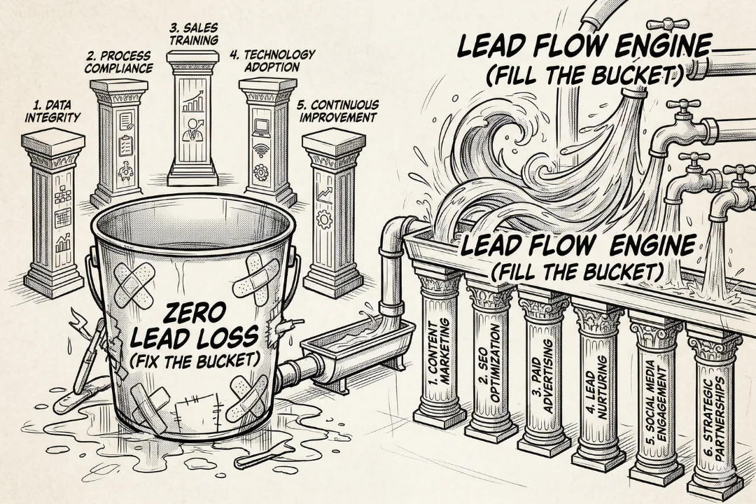 Zero Lead Loss fixes the bucket, Lead Flow Engine fills it - two connected systems with pillars