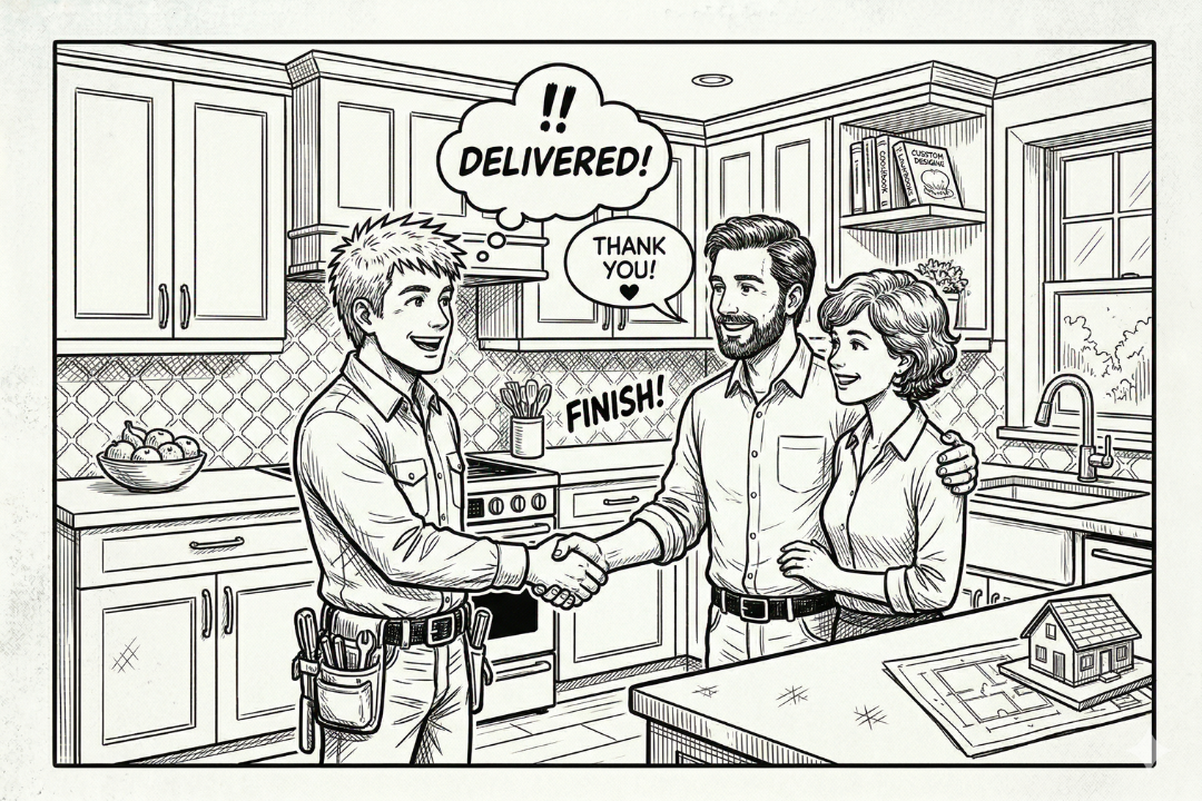 Contractor shaking hands with happy homeowners in renovated kitchen