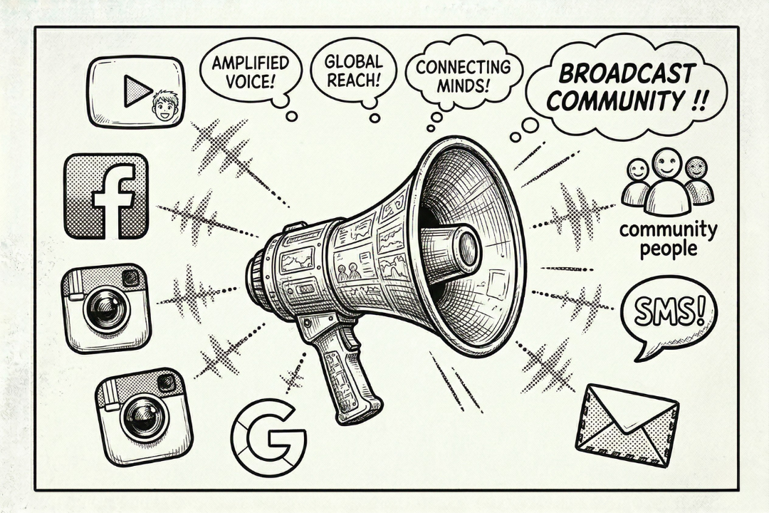 Megaphone surrounded by social media platform icons