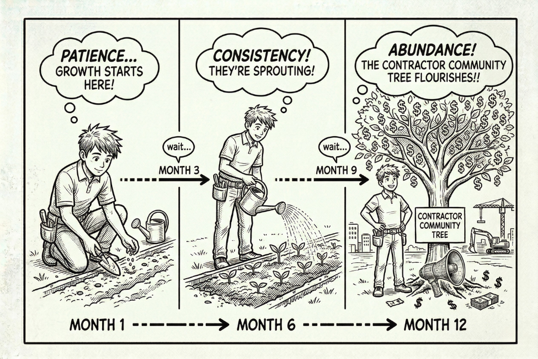 Growth timeline from Month 1 planting to Month 12 flourishing tree